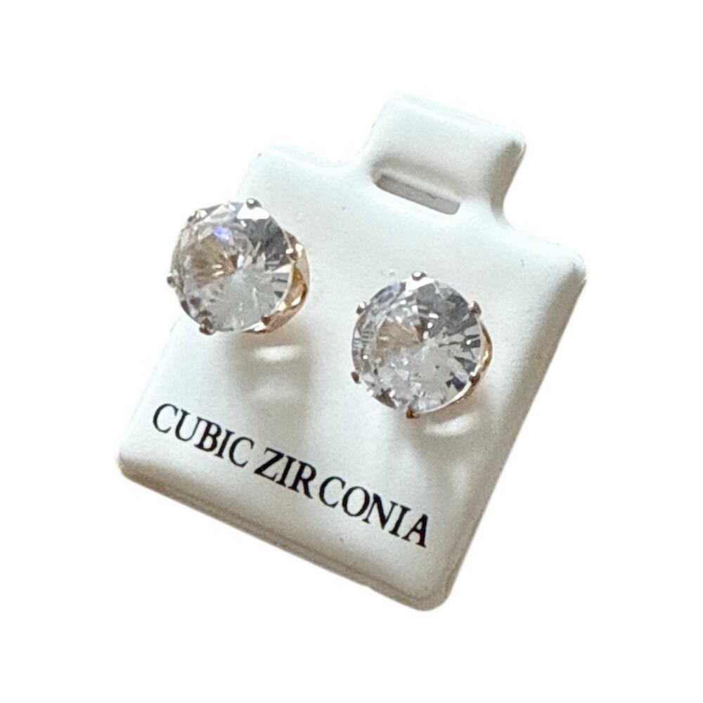 7MM Round Cubic Zirconia Six-Prong Cast Basket Stud Earrings NWT Gold Tone